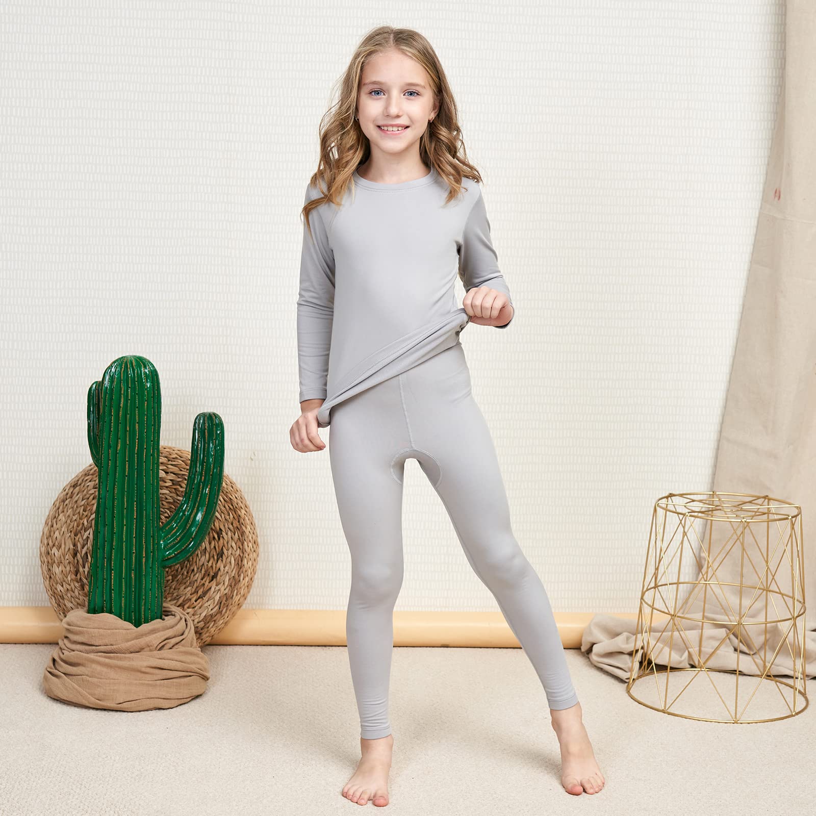 HEROBIKER Girls Thermal Underwear Set Ultra Soft Fleece Lined Kids Long Johns Top Bottom Thermals Kids Base Layer Winter Warm Grey