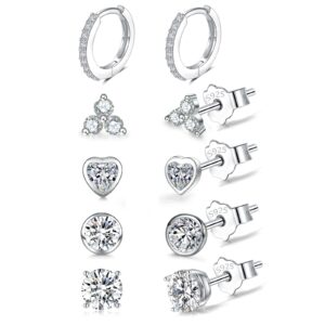 925 Sterling Silver Women's Stud Earrings Set, Hypoallergenic Cubic Zirconia Studs Cartilage Helix Earrings, 5 Pairs Different Sizes Silver Hoop Earring Stud Sets for Multiple Piercing Her Gifts