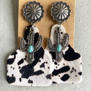 Western Earrings Boho Vintage Handmade Bohemian Turquoise Cow Print Leather Wood Teardrop Dangle Earrings for Women-Style 2