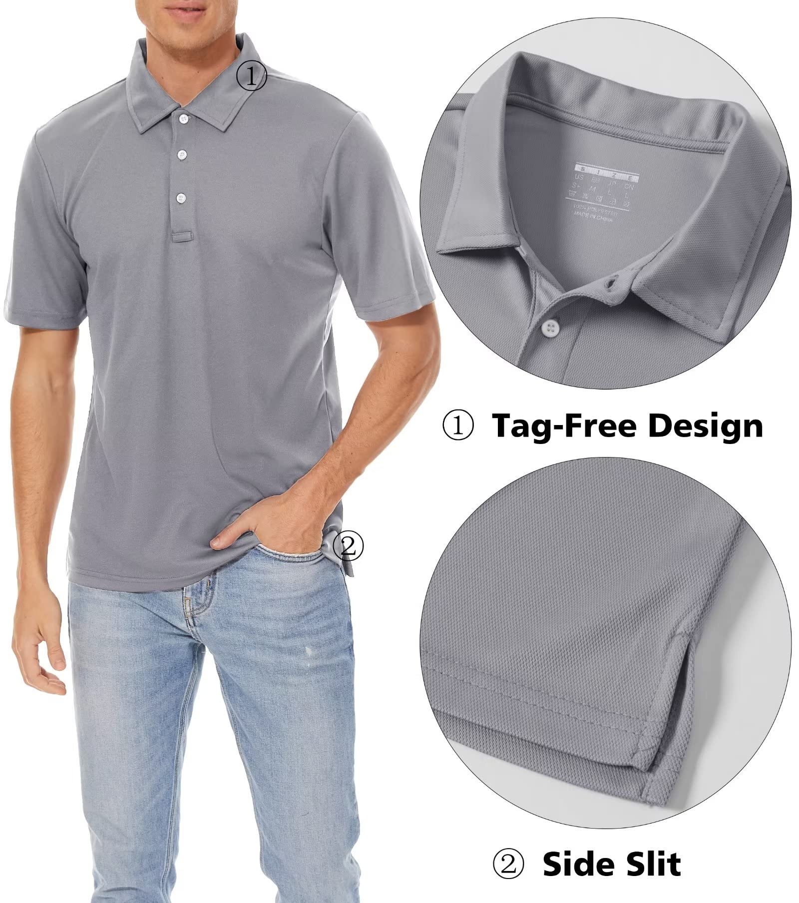 MAGCOMSEN Short Sleeve Golf Polo Shirts for Men Golf T Shirts Work Shirts Casual Fishing Shirts Quick Dry Outdoor Shirts Light Grey