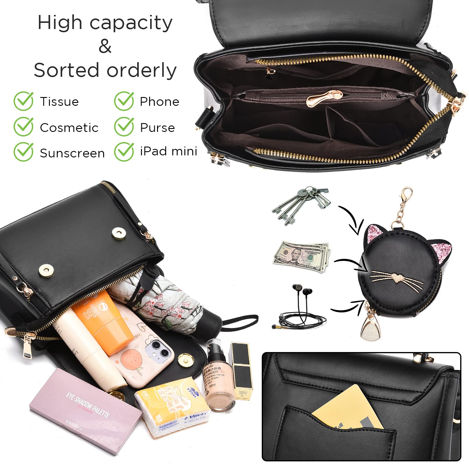 I IHAYNER Fashion Purse and Handbags for Girls Leather Top Handle Satchel Ladies Small Crossbody Shoulder Bag for Women with Kitty Purse Black