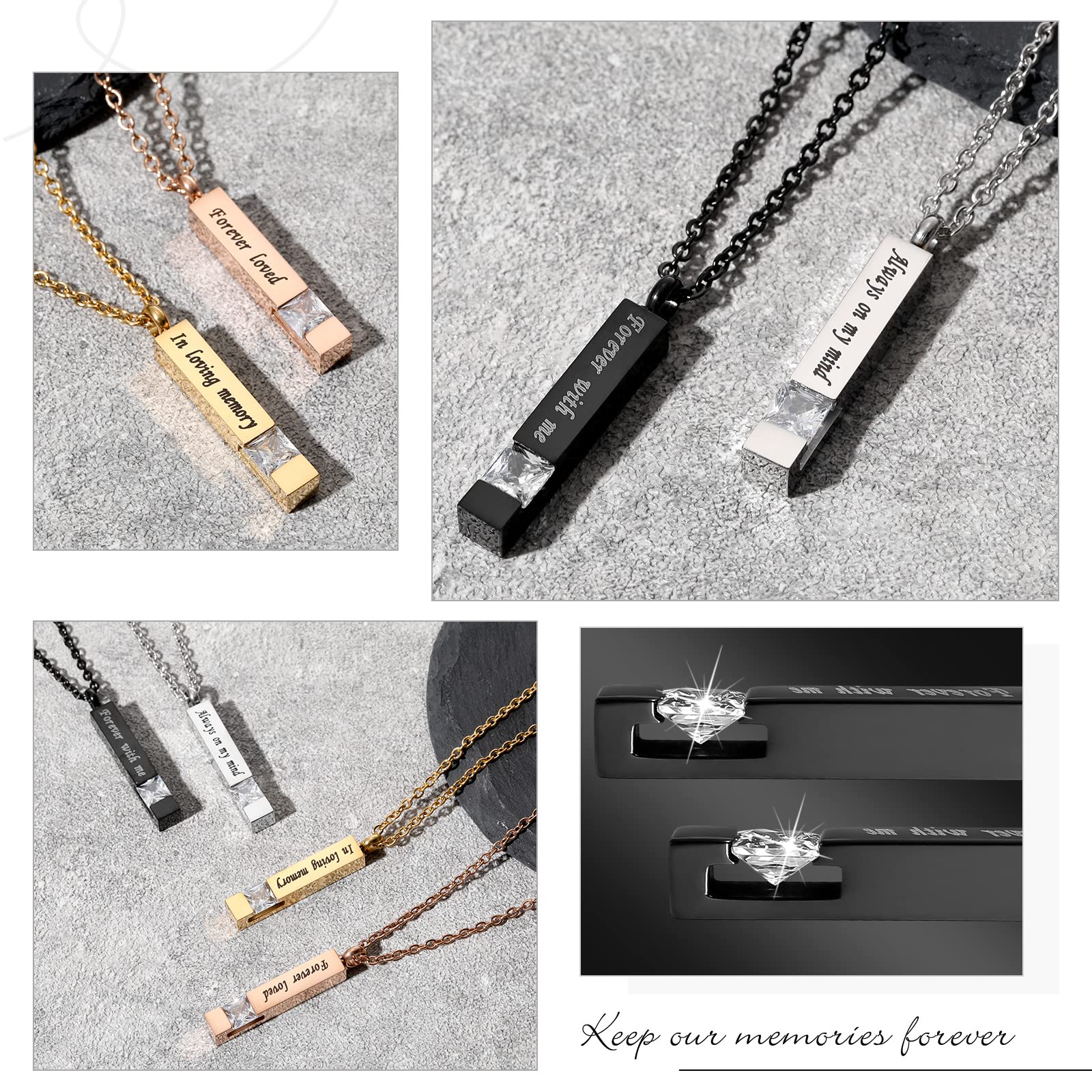 8 Pcs Memorial Urn Necklace Cremation Jewelry for Ashes for Men Women Human Ashes Keepsake Stainless Steel Cremation Pendant Bar Locket with Cubic Zirconia (Silver, Black, Rose Gold, Gold)