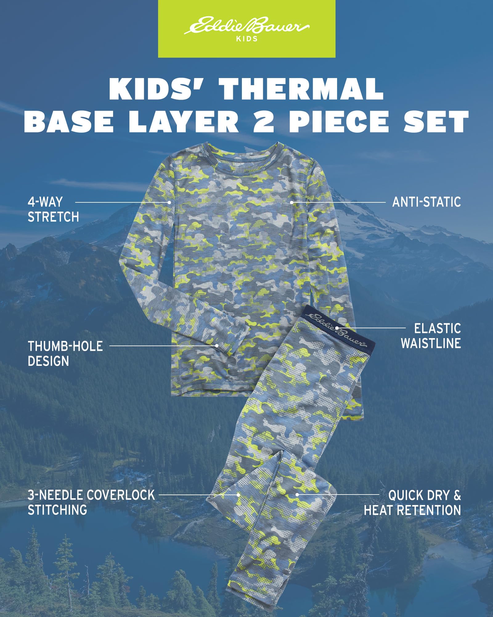 Eddie Bauer Thermal Underwear For Kids - 2 Piece Performance Base Layer Underwear Set For Boys and Girls (5-16), Size 7-8, Lime Green