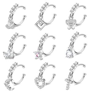 Florideco 9 Pcs 20G Dangle Fake Nose Rings Hoops for Women CZ Dangle Nose Rings Non Piercing Cartilage Earring Nose Cuffs Dangling Faux Nose Piercing Jewelry Silver Gold