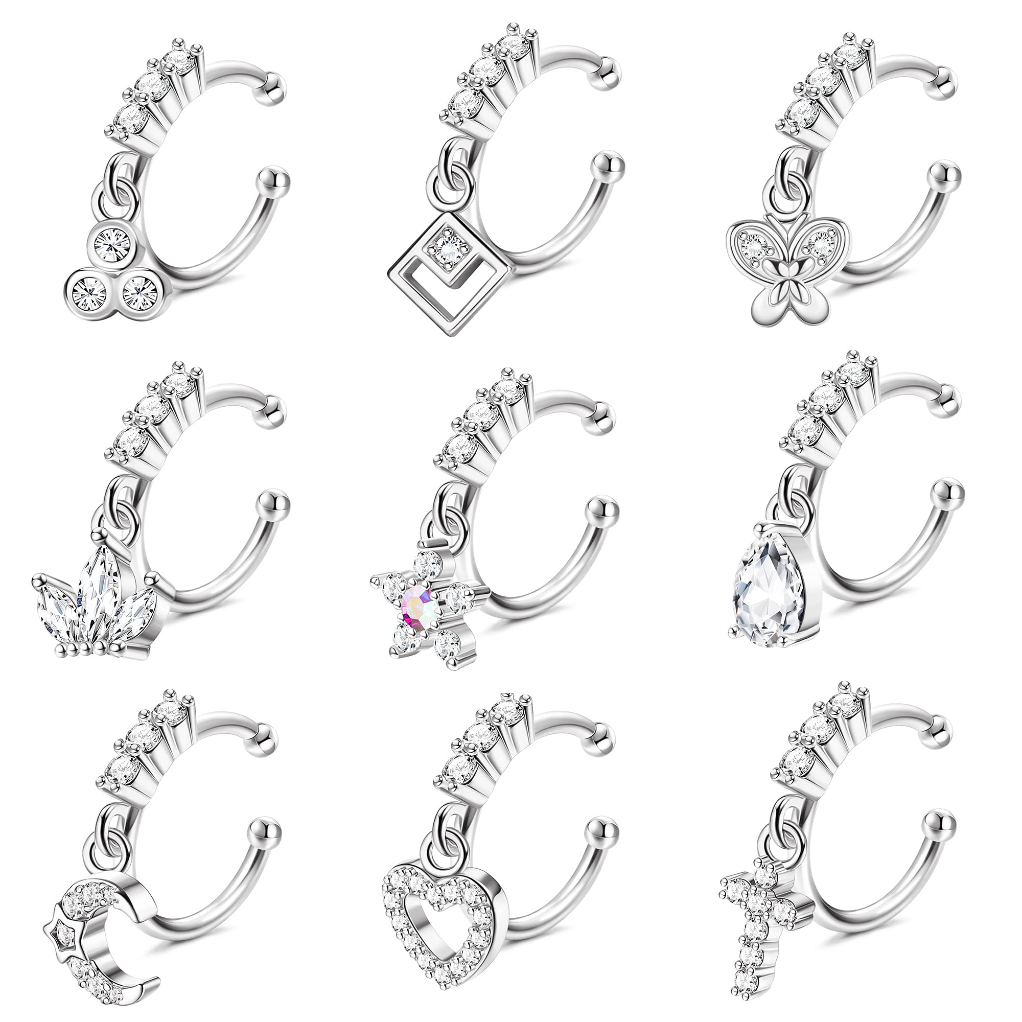 Florideco 9 Pcs 20G Dangle Fake Nose Rings Hoops for Women CZ Dangle Nose Rings Non Piercing Cartilage Earring Nose Cuffs Dangling Faux Nose Piercing Jewelry Silver Gold