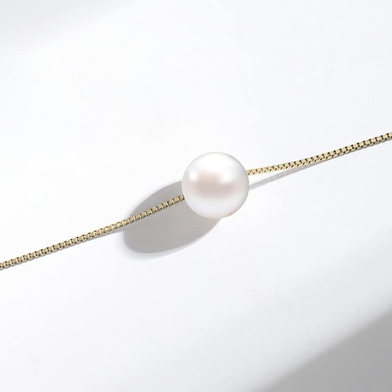 Solid 14K Yellow Gold Over 925 Silver Pearl Necklace for Women,Dainty Freshwater Cultured White Pearl Pendant Necklace,Fashion Jewelry Gift for Her (Yellow Gold, 14K Gold)