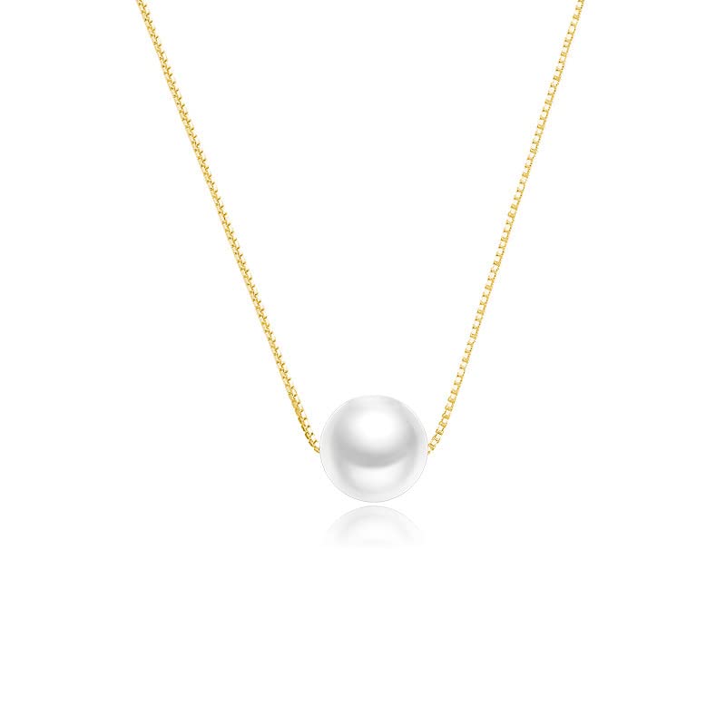 Solid 14K Yellow Gold Over 925 Silver Pearl Necklace for Women,Dainty Freshwater Cultured White Pearl Pendant Necklace,Fashion Jewelry Gift for Her (Yellow Gold, 14K Gold)