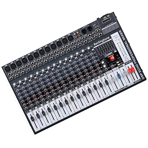 Berlingtone BR-166MX, 16 Channel Professional Bluetooth Studio Audio Mixer - DJ Sound Controller, USB MP3 Player, 16 Microphone Jack, 7 Band EQ, 16 BIT Digital FX, 48V Phantom Power, Unpowered