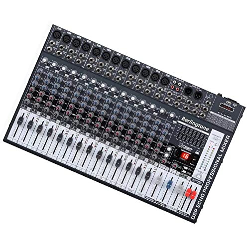 Berlingtone BR-166MX, 16 Channel Professional Bluetooth Studio Audio Mixer - DJ Sound Controller, USB MP3 Player, 16 Microphone Jack, 7 Band EQ, 16 BIT Digital FX, 48V Phantom Power, Unpowered