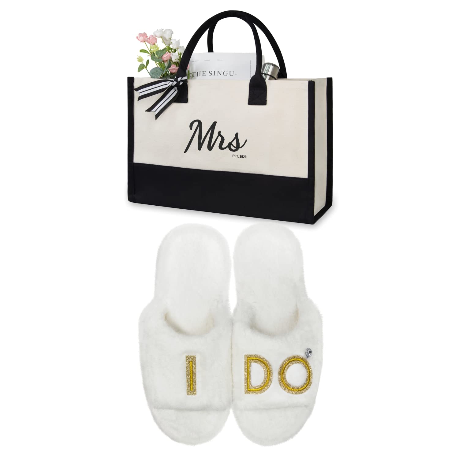 TOPDesign Women's I Do Slide Slippers, Bridal Flats, Wedding Tote, Bachelorette Shower Engagement Proposal Honeymoon Gifts for Bride, Bride to Be, Future Mrs, Wifey