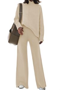 linsery women's high neck lounge set long sleeve casual knitted sweater top wide leg pants tracksuit apricot small