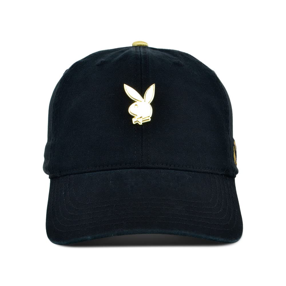 PlayBoy's unisex-adult Tux Metal Adjustable Strapback Dad Hat, Black/Gold, One Size