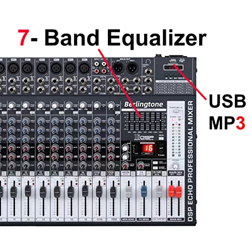 Berlingtone BR-166MX, 16 Channel Professional Bluetooth Studio Audio Mixer - DJ Sound Controller, USB MP3 Player, 16 Microphone Jack, 7 Band EQ, 16 BIT Digital FX, 48V Phantom Power, Unpowered