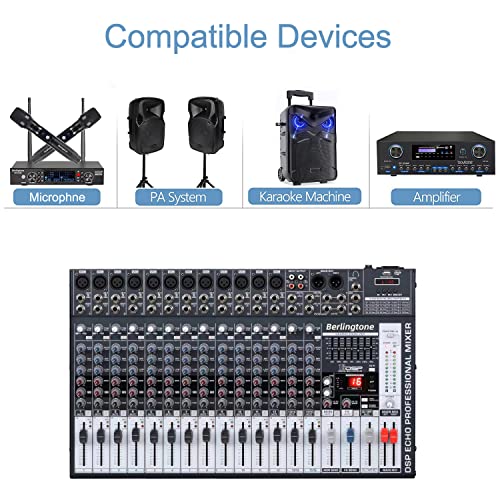 Berlingtone BR-166MX, 16 Channel Professional Bluetooth Studio Audio Mixer - DJ Sound Controller, USB MP3 Player, 16 Microphone Jack, 7 Band EQ, 16 BIT Digital FX, 48V Phantom Power, Unpowered