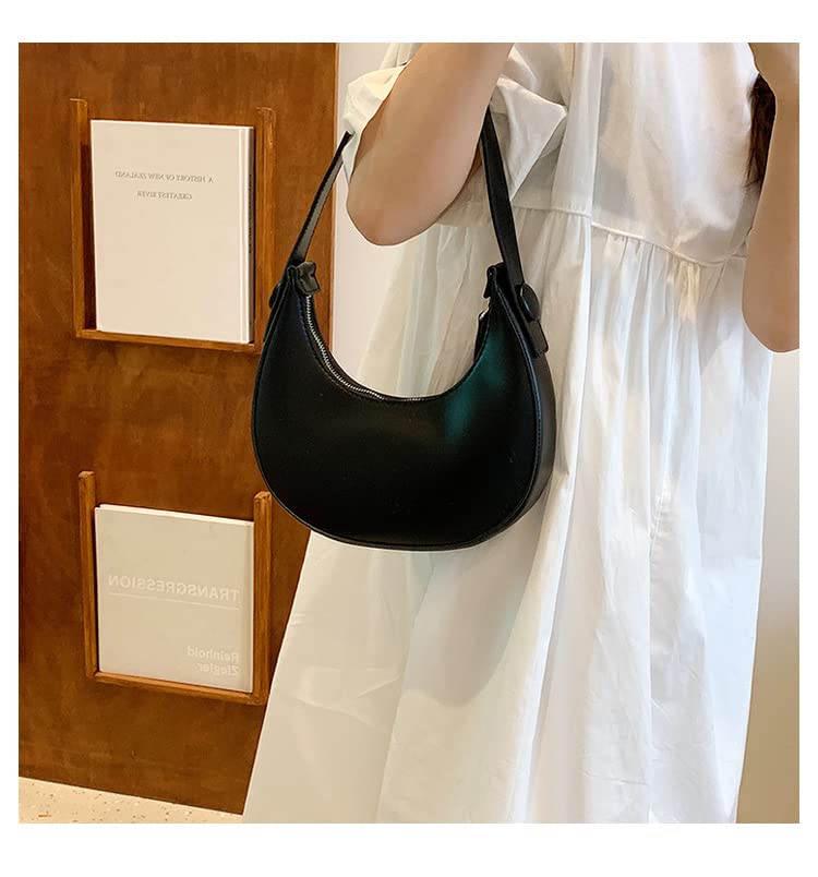 HANDAFA PU Leather Moon Hobo Bag Saddle Handbag Crescent Shoulder Bag For Women(Black)