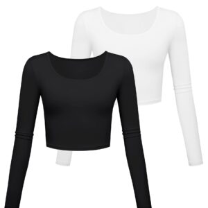 Kindcall Lightweight Yoga Crop Tops Slim Fit Long Sleeve Workout Shirts for Women 2 Pack (White Black Pack, Small)