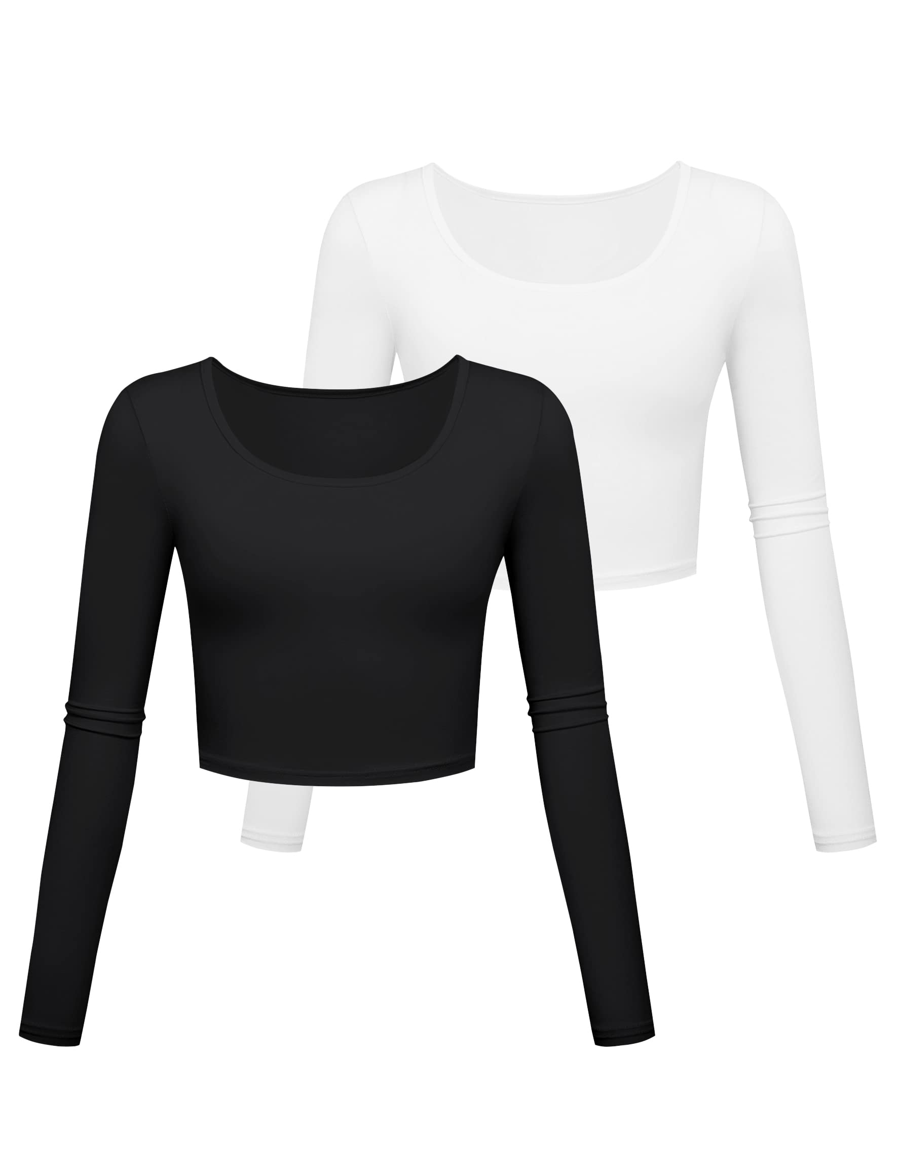 Kindcall Lightweight Yoga Crop Tops Slim Fit Long Sleeve Workout Shirts for Women 2 Pack (White Black Pack, Small)