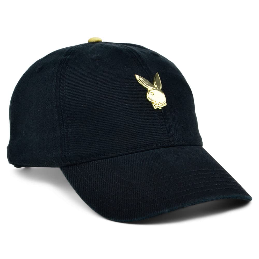 PlayBoy's unisex-adult Tux Metal Adjustable Strapback Dad Hat, Black/Gold, One Size