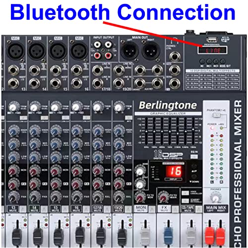 Berlingtone BR-166MX, 16 Channel Professional Bluetooth Studio Audio Mixer - DJ Sound Controller, USB MP3 Player, 16 Microphone Jack, 7 Band EQ, 16 BIT Digital FX, 48V Phantom Power, Unpowered