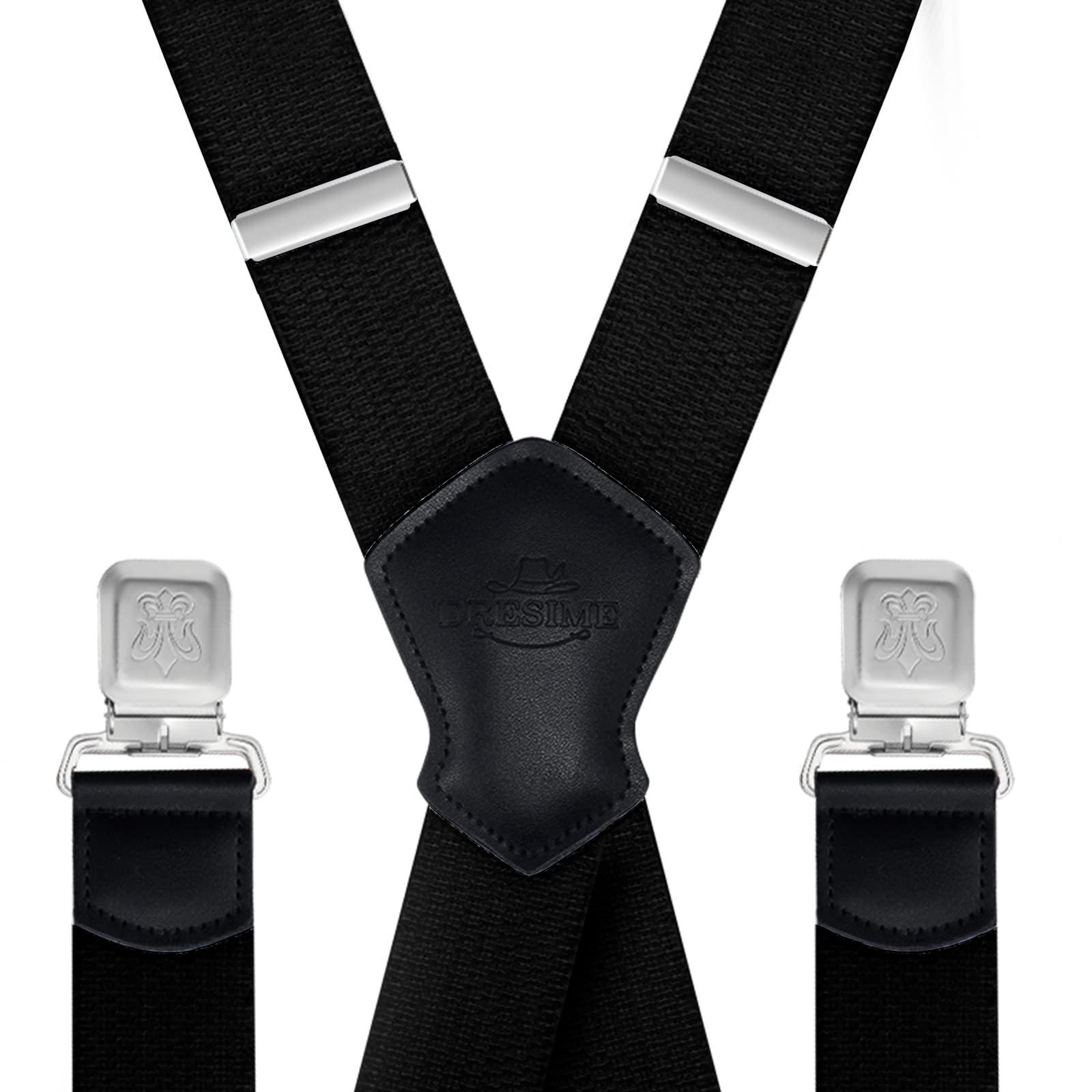 Dresime Suspenders for Men and Women Adjustable X Back 1.57 Inch Wide Elastic Heavy Duty Braces with Strong Metal Clips Men's Leather Shirt Pants Belt Swivel Straps for Work, Party, Festival, Black B