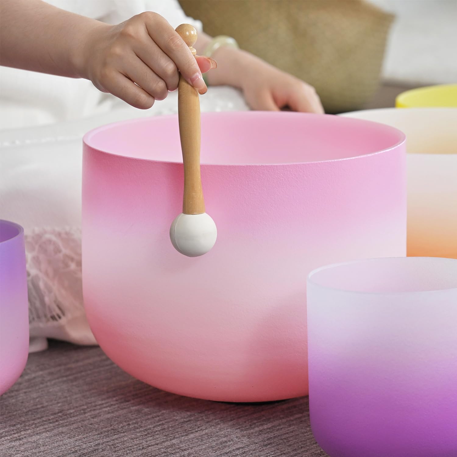 440HZ 6"-12" Set of 7 PCS Frosted Quartz Color Crystal Singing Bowl Set Sound Healing Instrument with Singing Bowl Mallet Suede Strikers Heavy Duty Carrying Cases