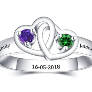 Personalized Birthstone Rings with 2 Name for Couples 925 Sterling Silver Mothers Ring 2 Birthstones Custom Heart Name Ring for Couple Women Sisters Engraved Name Rings for Birthday Wedding