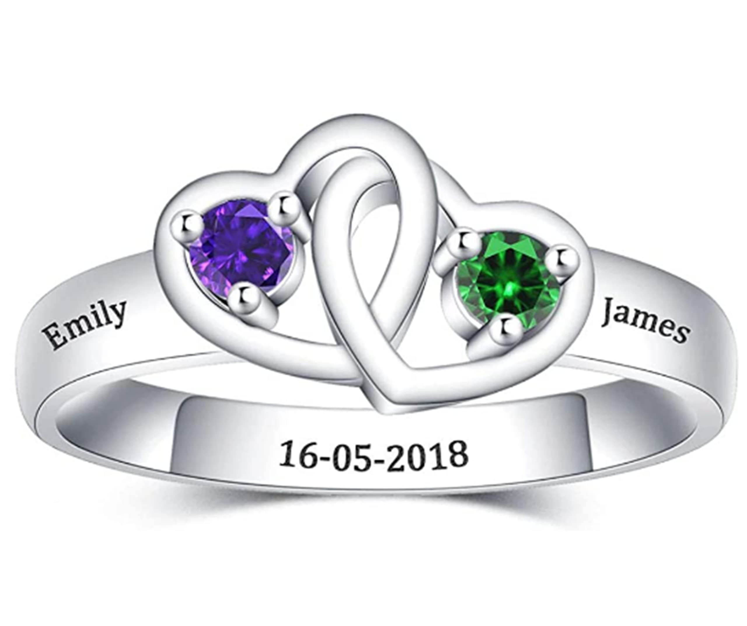 Personalized Birthstone Rings with 2 Name for Couples 925 Sterling Silver Mothers Ring 2 Birthstones Custom Heart Name Ring for Couple Women Sisters Engraved Name Rings for Birthday Wedding