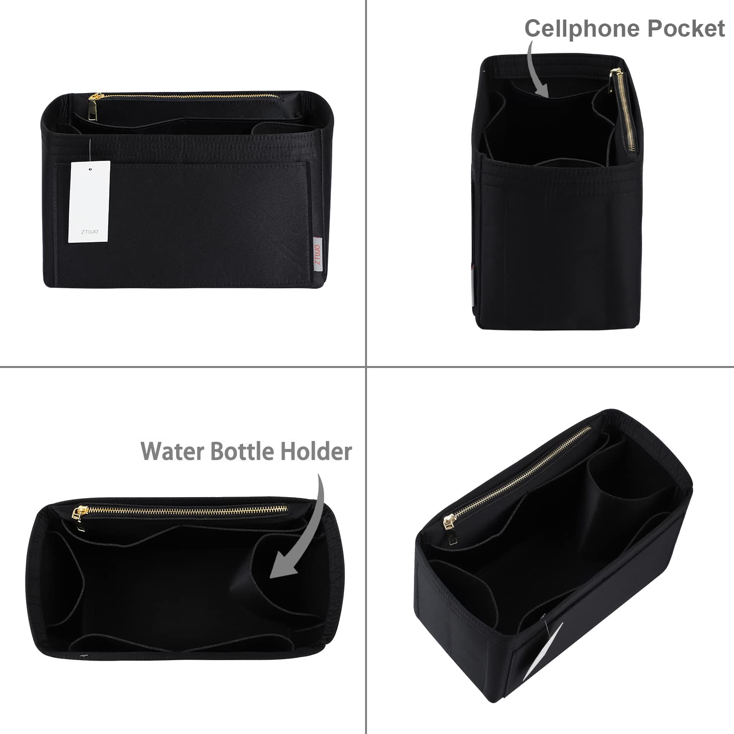 ZTUJO Purse Organizer Insert For Handbags, Silky Touching Bag Organizer Insert With Bottle Holder, Perfect for Speedy, Neverfull, Tote,ONTHEGO,Artsy,Handbag and More (Medium,Silky Black)