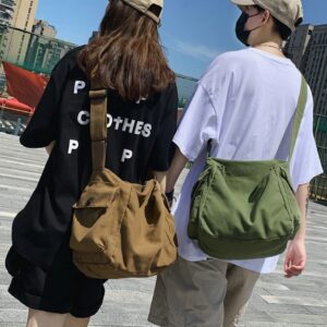 Women Men Canvas Messenger Bag Large Crossbody Shoulder Bag Canvas Hobo Bag with Multiple Pockets Fashion Casual Tote Bag