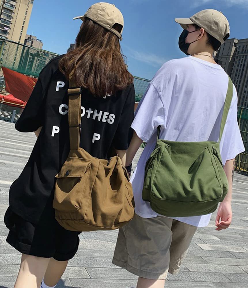 Women Men Canvas Messenger Bag Large Crossbody Shoulder Bag Canvas Hobo Bag with Multiple Pockets Fashion Casual Tote Bag