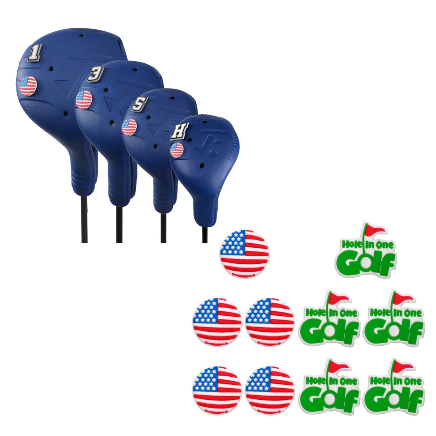 FRANKTECH Golf Club Covers 4pcs and 10pcs USA Flag Pins, Plastic Golf Head Covers for Driver Fairway Woods Hybrid, Driver Headcover Fit All Right-Handed Golf Clubs, Easy On Off, Washable, Funny