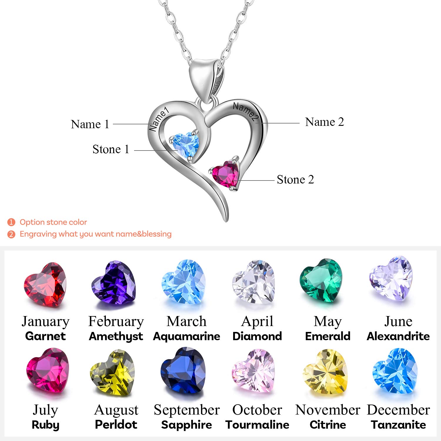 💖Valentine's Gift💖Madeone Personalized Mother’s Name Necklace with 2 Birthstones and 2 Names Engraving Pendant 925 Sterling Silver 14K Gold Plated Necklace Meaningful Necklace with Customized Heart Pendant for Women (White Gold)