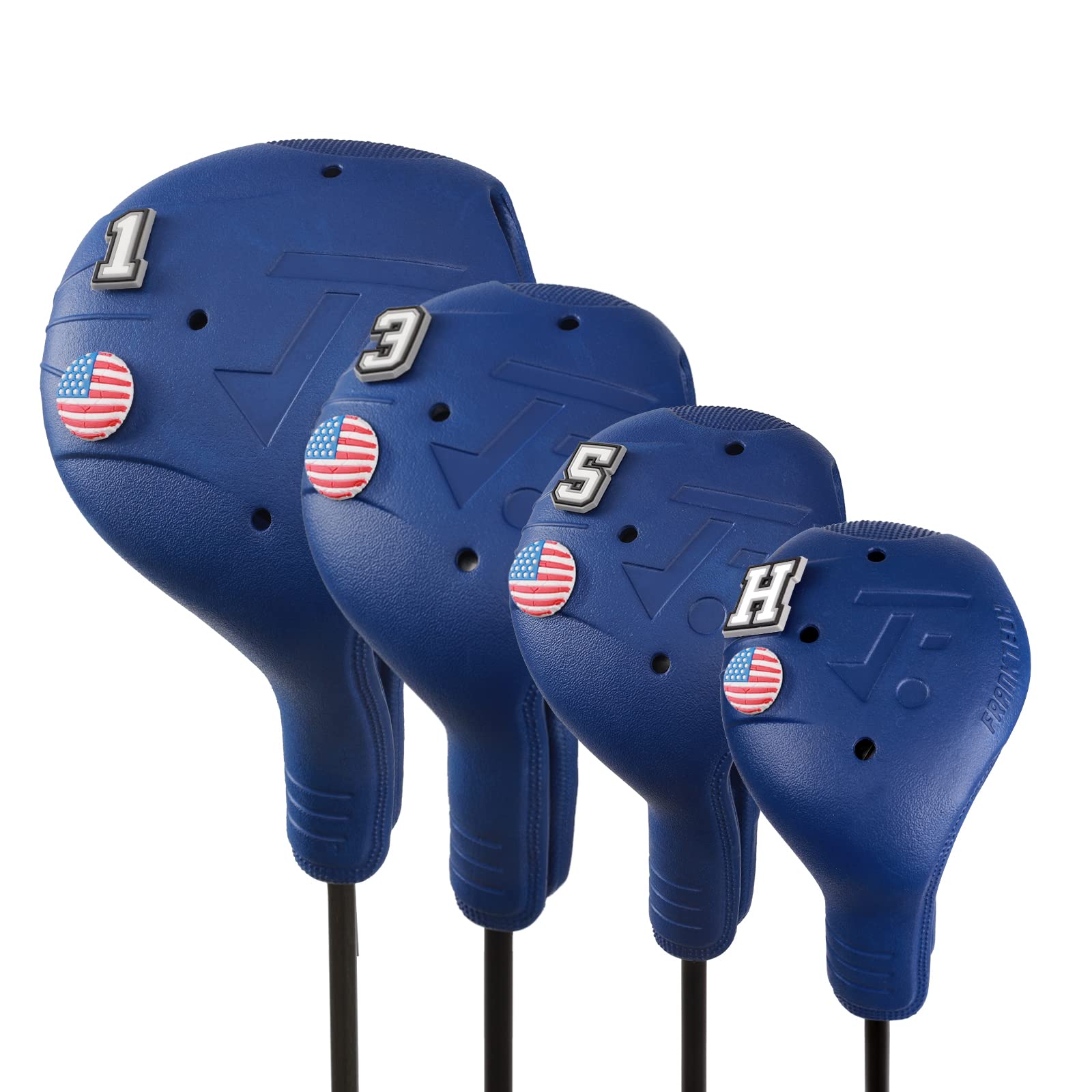 FRANKTECH Golf Club Covers 4pcs and 10pcs USA Flag Pins, Plastic Golf Head Covers for Driver Fairway Woods Hybrid, Driver Headcover Fit All Right-Handed Golf Clubs, Easy On Off, Washable, Funny