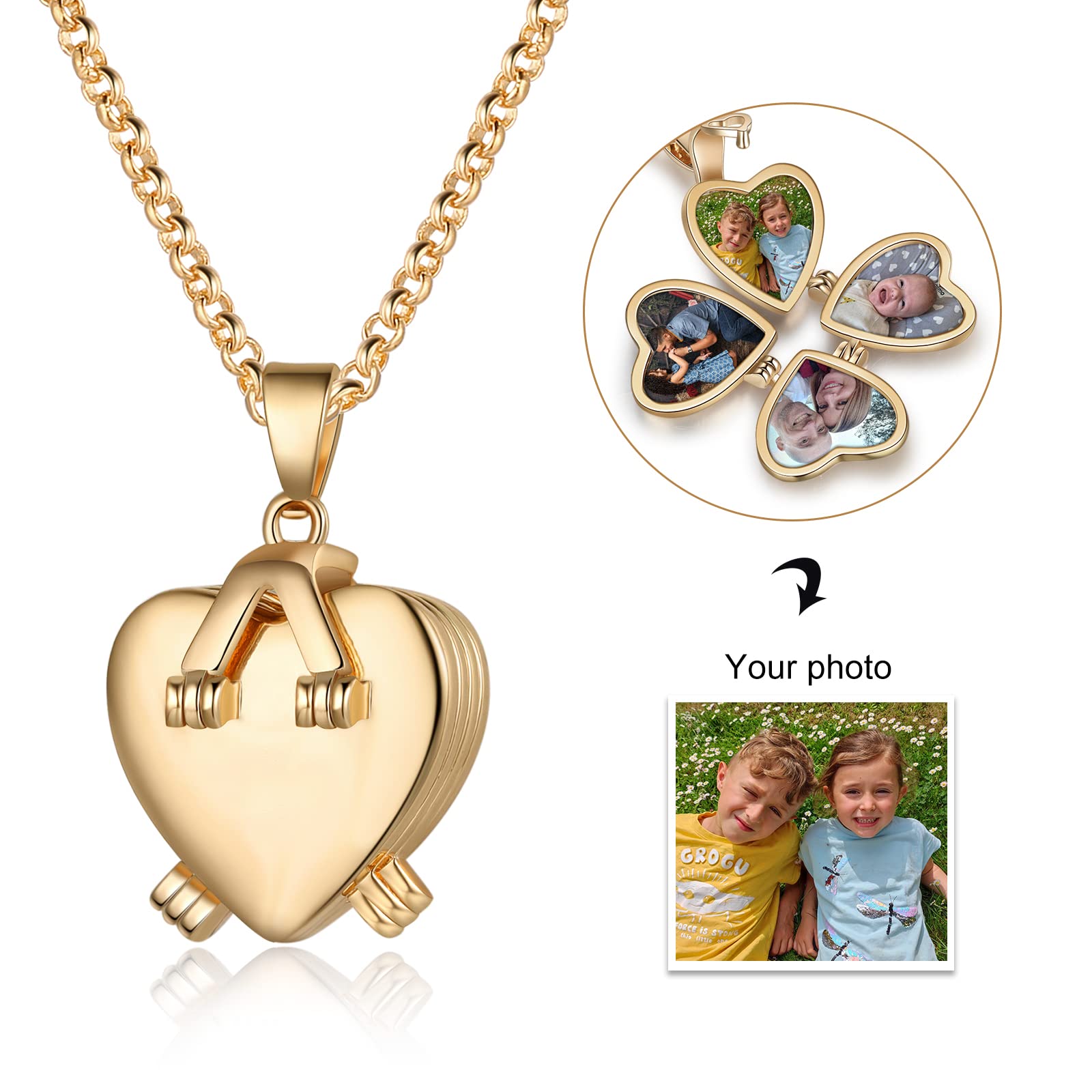 Nobelook Personalized Love Heart Locket Necklace That Holds 4 Photos Customizable Pendant Charms For Women Gold Plated Vintage Necklace for Mother Christmas Birthday Gift Chain Length 31.49" Adjustable (Gold - 4 photos)