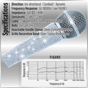 RhymKawa Crystal Silver Dynamic Vocal Microphone for Singing with 3M XLR Cable, Glitter White Wired Microfono with Shiny Bling Handle Cover for Karaoke Machine, All Metal Body