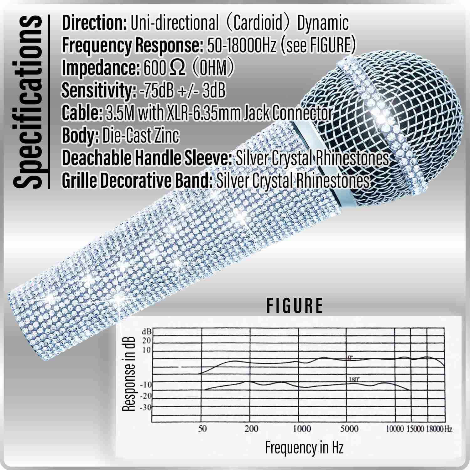 RhymKawa Crystal Silver Dynamic Vocal Microphone for Singing with 3M XLR Cable, Glitter White Wired Microfono with Shiny Bling Handle Cover for Karaoke Machine, All Metal Body