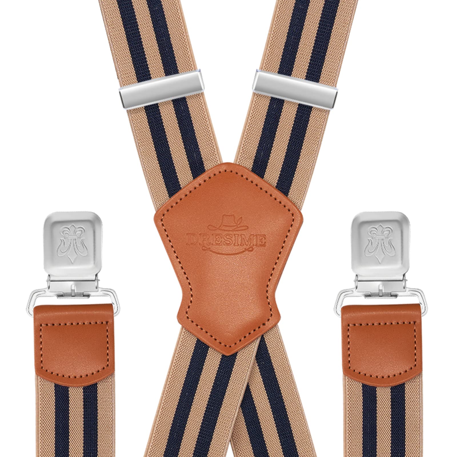 Dresime Suspenders for Men and Women Adjustable X Back 1.57 Inch Wide Elastic Heavy Duty Braces with Strong Metal Clips Men's Leather Shirt Pants Belt Swivel Straps for Work, Party, Festival, Stripe