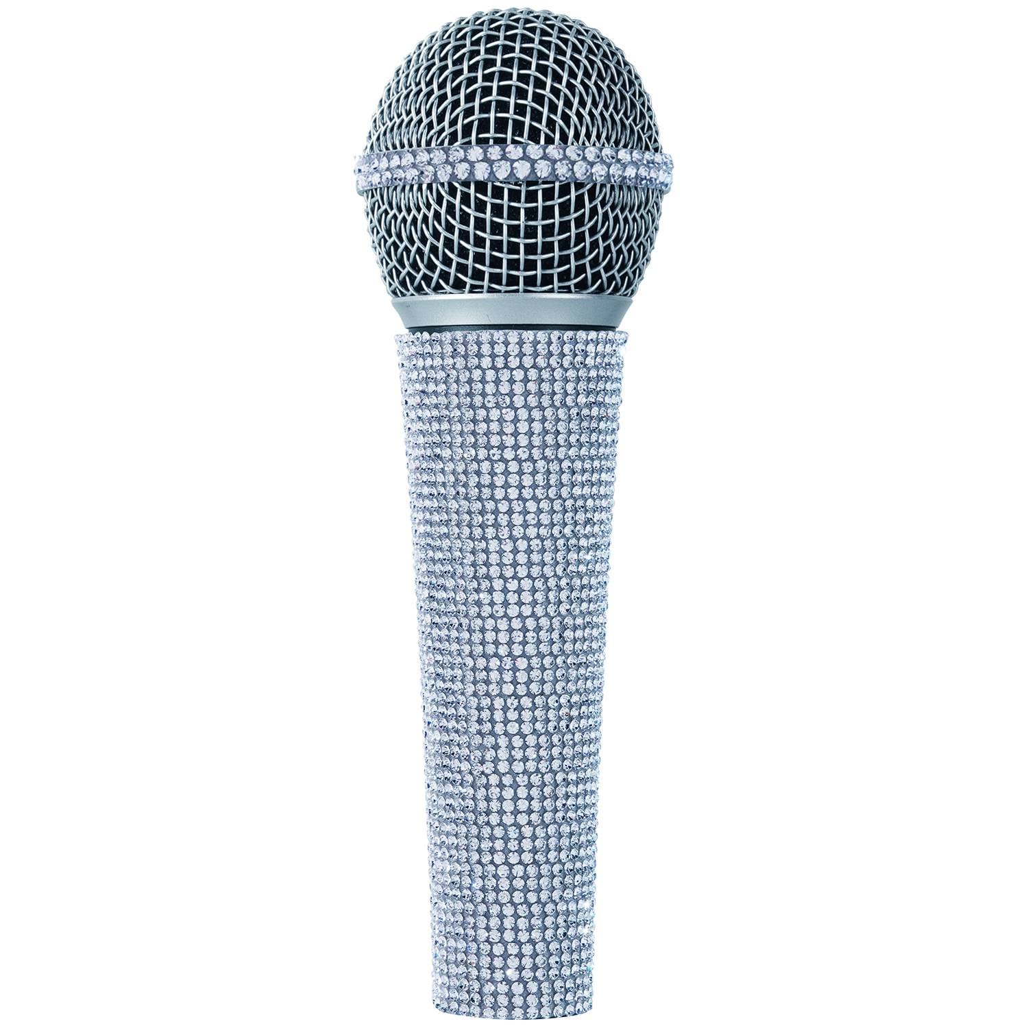 RhymKawa Crystal Silver Dynamic Vocal Microphone for Singing with 3M XLR Cable, Glitter White Wired Microfono with Shiny Bling Handle Cover for Karaoke Machine, All Metal Body