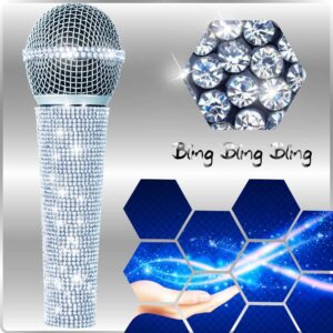 RhymKawa Crystal Silver Dynamic Vocal Microphone for Singing with 3M XLR Cable, Glitter White Wired Microfono with Shiny Bling Handle Cover for Karaoke Machine, All Metal Body