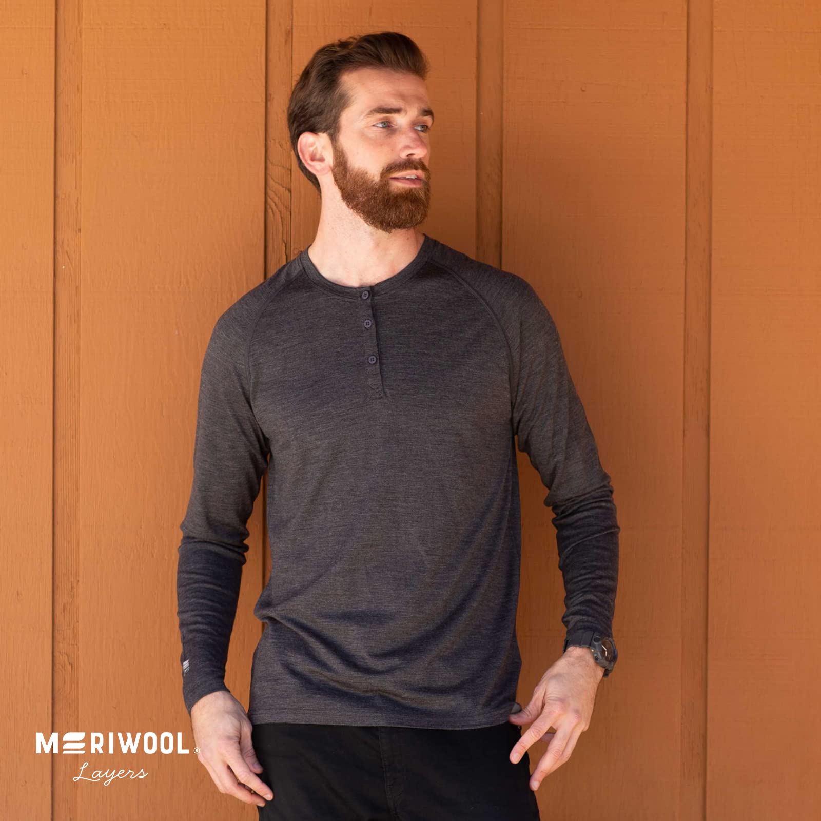 MERIWOOL Men's Base Layer Long Sleeve Henley - Lightweight Merino Wool Thermal Sand