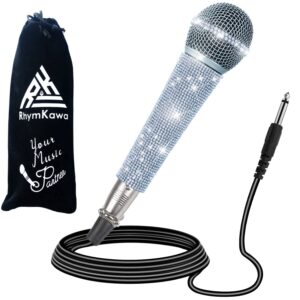 RhymKawa Crystal Silver Dynamic Vocal Microphone for Singing with 3M XLR Cable, Glitter White Wired Microfono with Shiny Bling Handle Cover for Karaoke Machine, All Metal Body