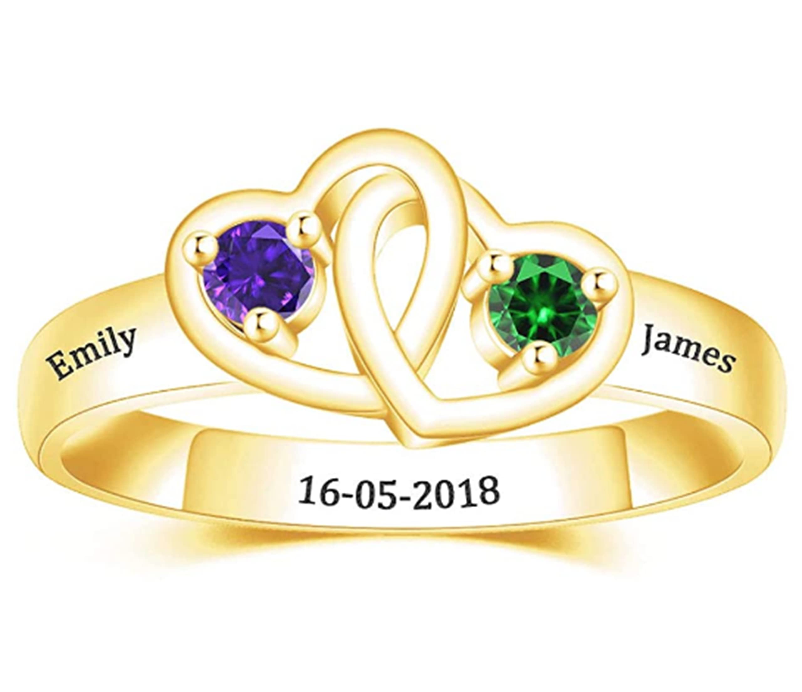 Personalized Birthstone Rings with 2 Name for Couples 925 Sterling Silver Mothers Ring 2 Birthstones Custom Heart Name Ring for Couple Women Sisters Engraved Name Rings for Birthday Wedding