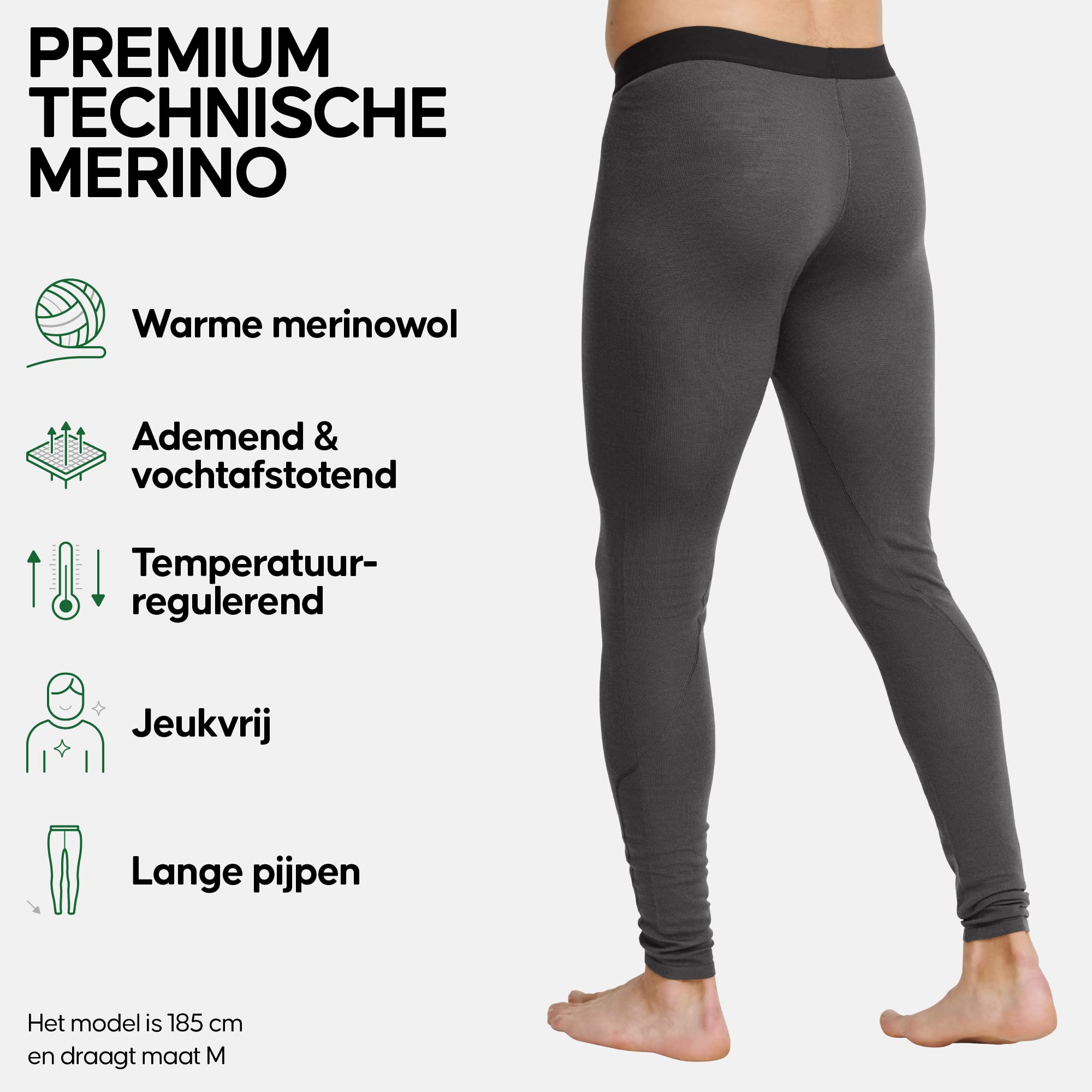 DANISH ENDURANCE Merino Wool Base Layer Pants for Men, Thermal Long Johns, Dark Grey, M