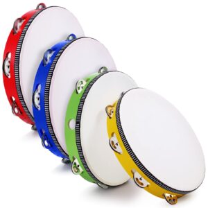 4 pcs tambourines for adults 10 inch hand held drum bell birch metal jingles single row wooden tambourine rhythm educational musical instrument percussion for church ktv party gifts