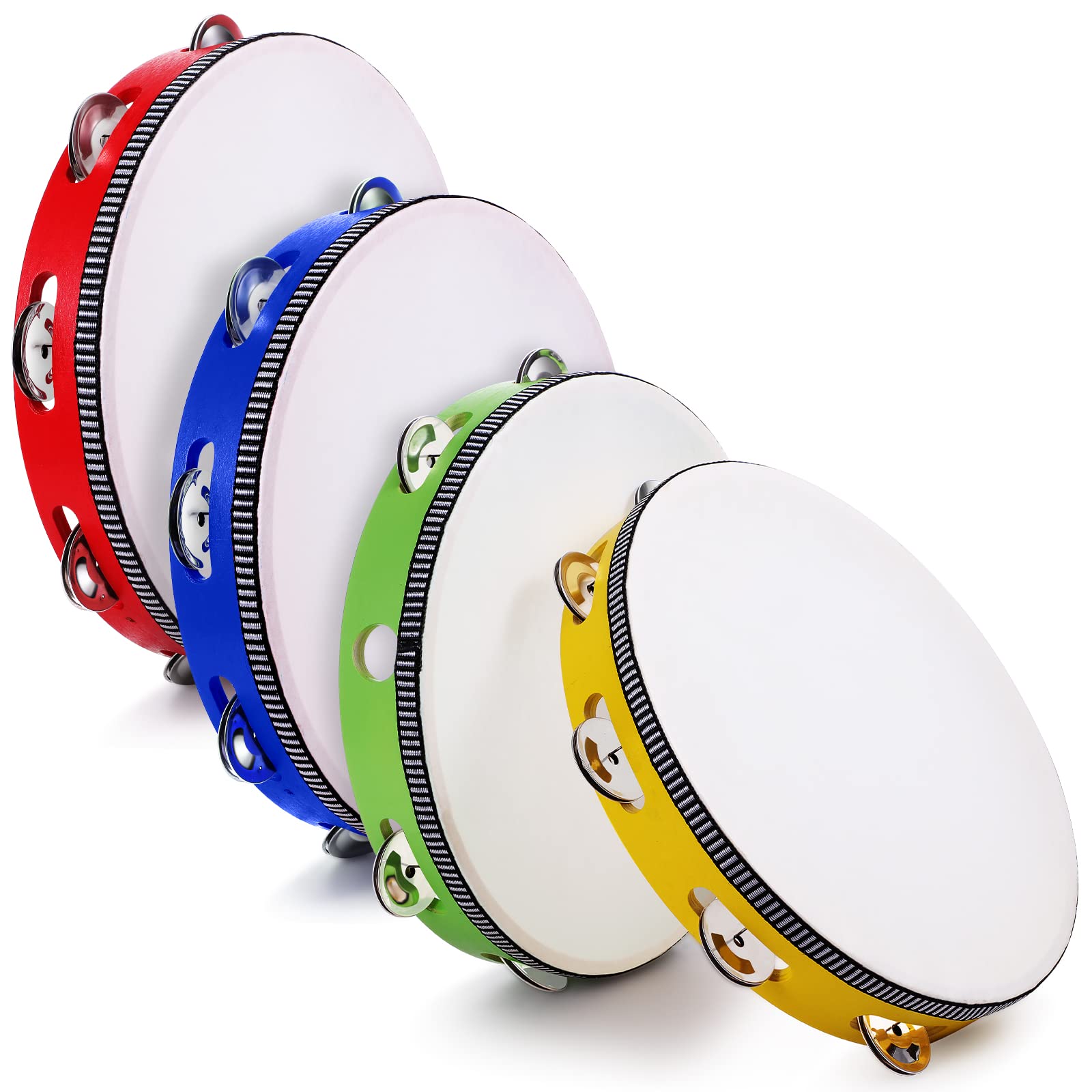 4 Pcs Tambourines for Adults 10 Inch Hand Held Drum Bell Birch Metal Jingles Single Row Wooden Tambourine Rhythm Educational Musical Instrument Percussion for Church KTV Party Gifts