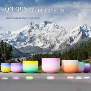 440HZ 6"-12" Set of 7 PCS Frosted Quartz Color Crystal Singing Bowl Set Sound Healing Instrument with Singing Bowl Mallet Suede Strikers Heavy Duty Carrying Cases