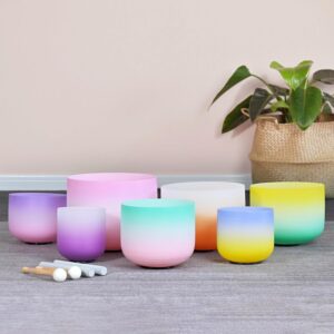 440HZ 6"-12" Set of 7 PCS Frosted Quartz Color Crystal Singing Bowl Set Sound Healing Instrument with Singing Bowl Mallet Suede Strikers Heavy Duty Carrying Cases