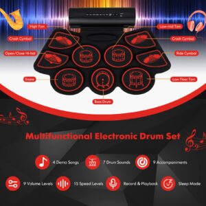 Costzon Electronic Drum Set, 9-Pad Digital Drum Kit w/ 2 Stereo Speakers, Drum Sticks, Foot Pedals, USB & Audio Cable, Headphone Jack, Portable Roll-up Drum Pad, Ideal Gift for Kids Adults (Red)