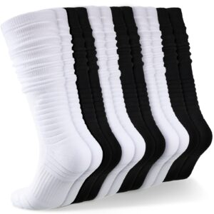 Jeere 6 pairs Scrunch Football Socks Extra Long Padded Knee High Socks Athletic tube scrunched socks for men women adults youth basketball Baseball soccer, black and white