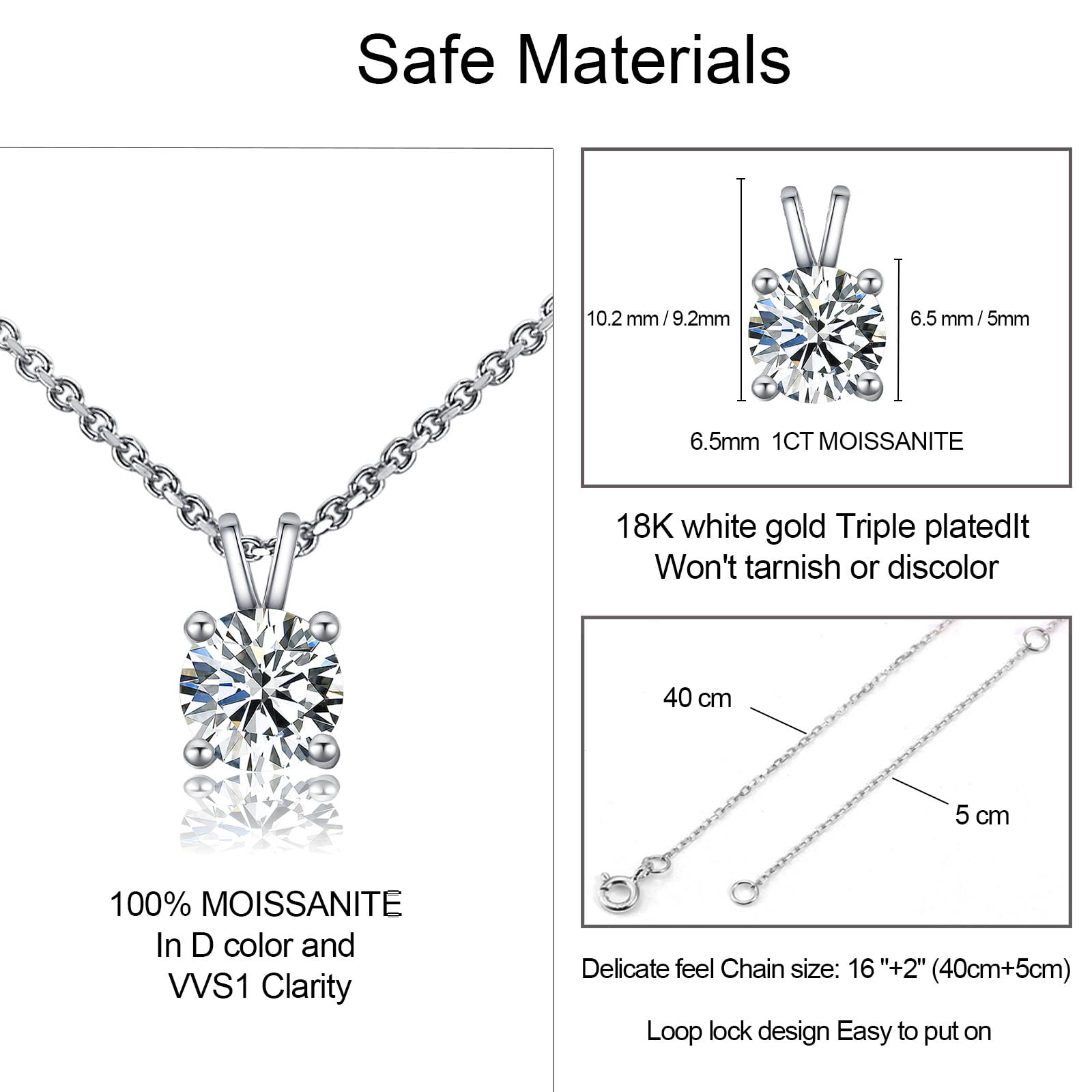 ZYI Moissanite necklaces for women Lab Created Diamond Round Moissanite Pendant Solitaire Necklace Chain Adjustable 18K WhiteGold Plated Sterling Silver Necklace Gift for Mother Wife